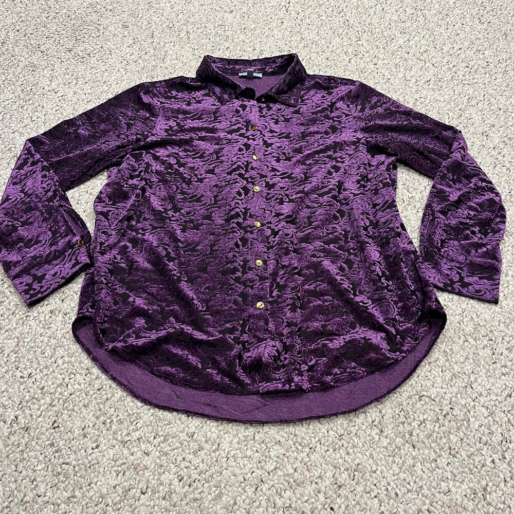 Floral & Ivy Velvet Burnout Button Down Top L Purple Whimsigoth Vamp Witchy